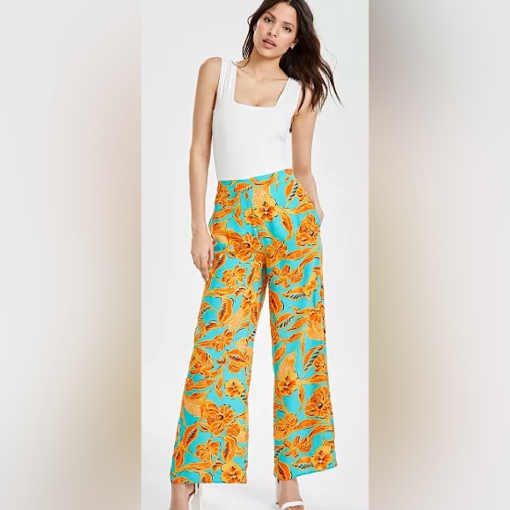 Bar lll Floral-Print Wide-Leg Pants Orange and Teal Sz 6
